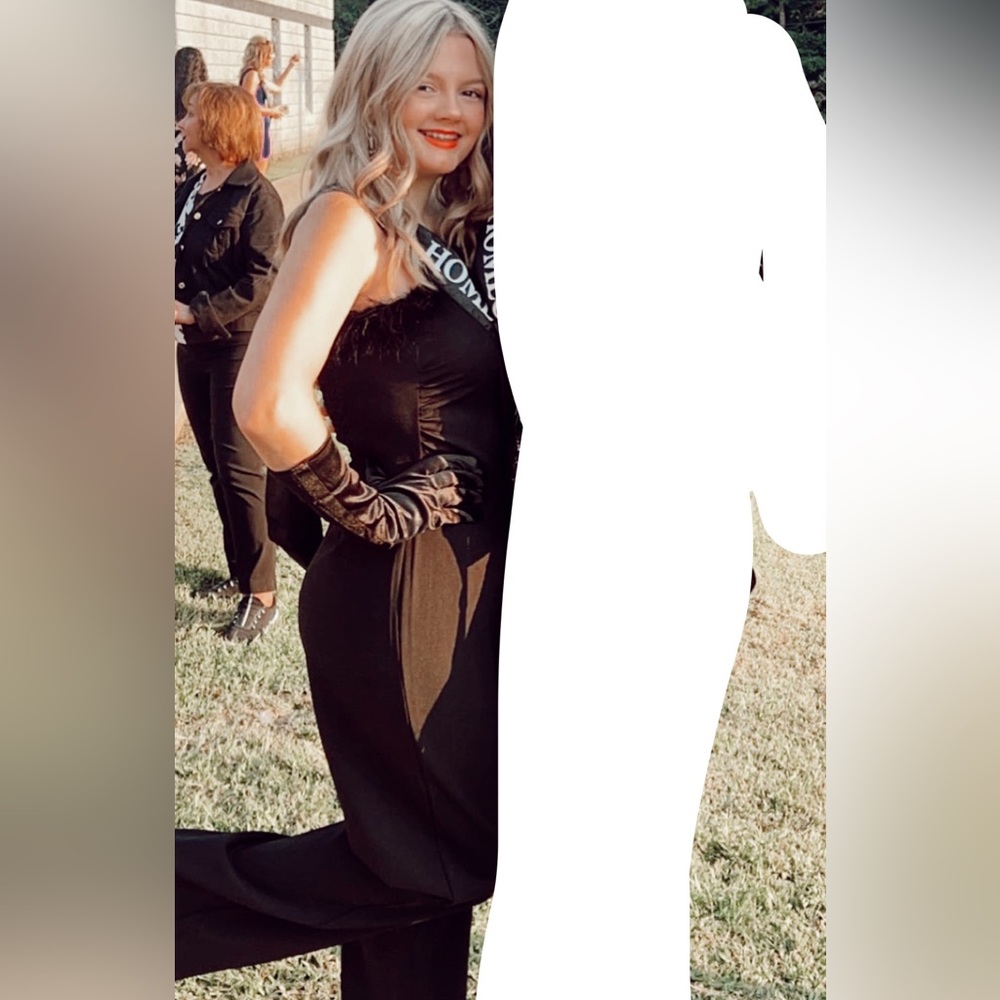 black feathered jumpsuit size medium (can fit down to a 0)